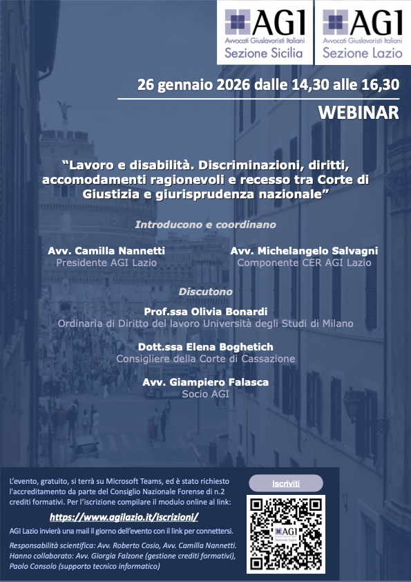 Materiale didattico del Webinar 26.1.26 “Lavoro e disabilità. Discriminazioni, diritti, accomodamenti ragionevoli e recesso tra Corte di Giustizia e giurisprudenza nazionale”